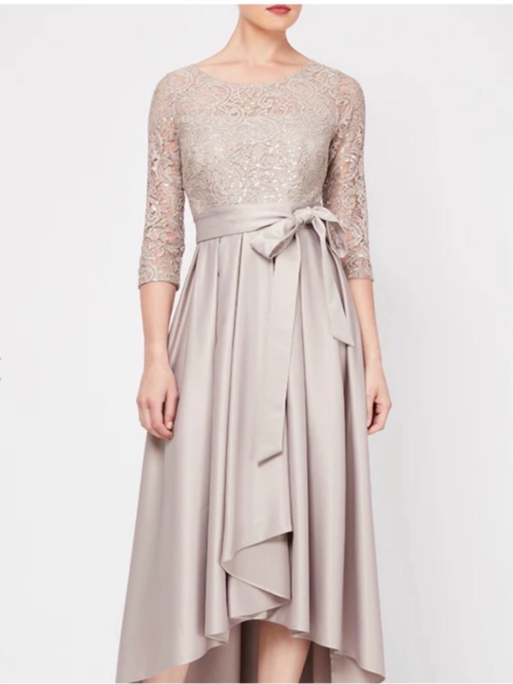 Alex Evenings Lace & Sequin Bodice High-Low Dress in Taupe with Satin Waist Tie